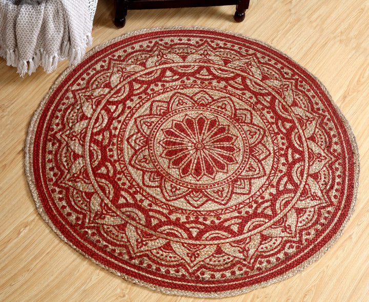 MANDALA Pattern Round Red Rug Jute with Block Print