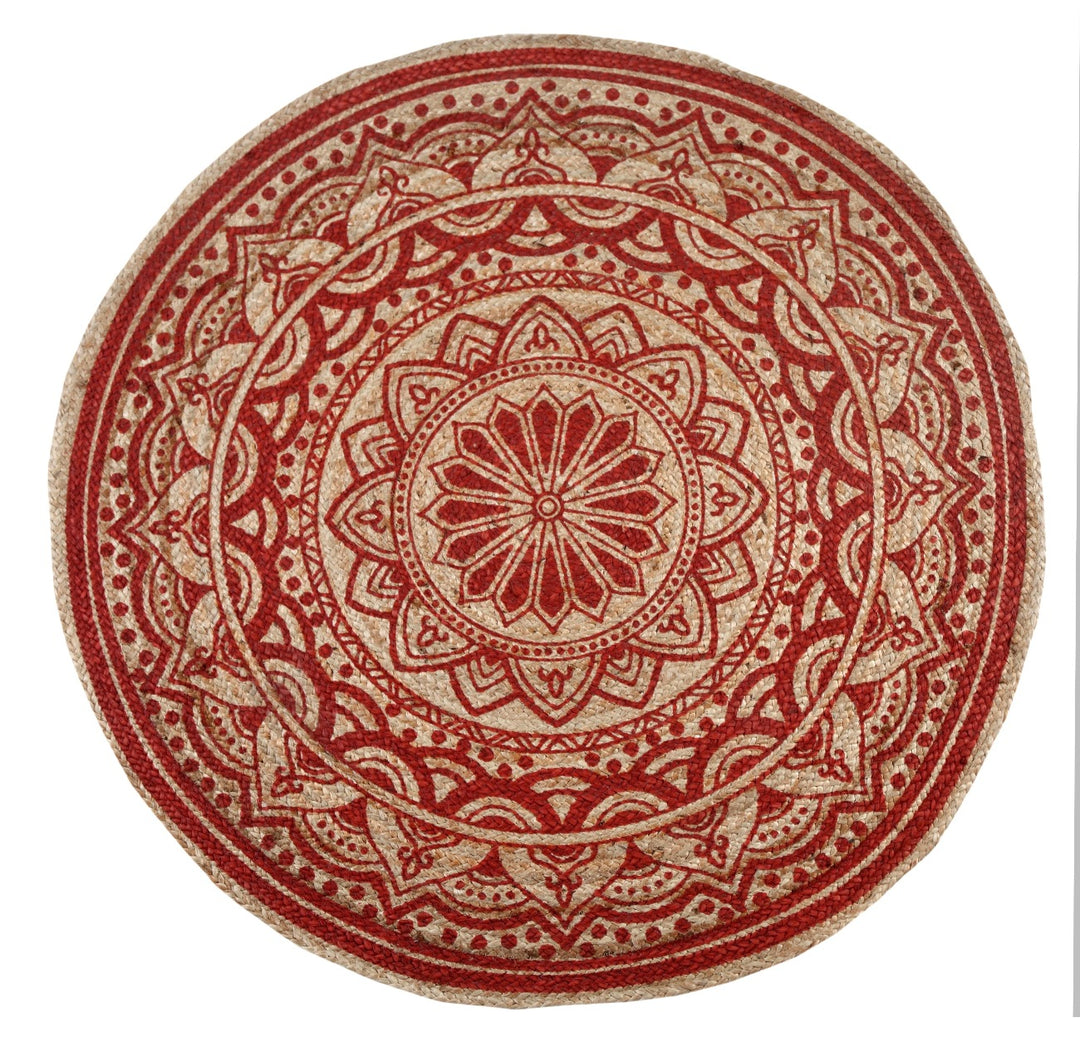 MANDALA Pattern Round Red Rug Jute with Block Print