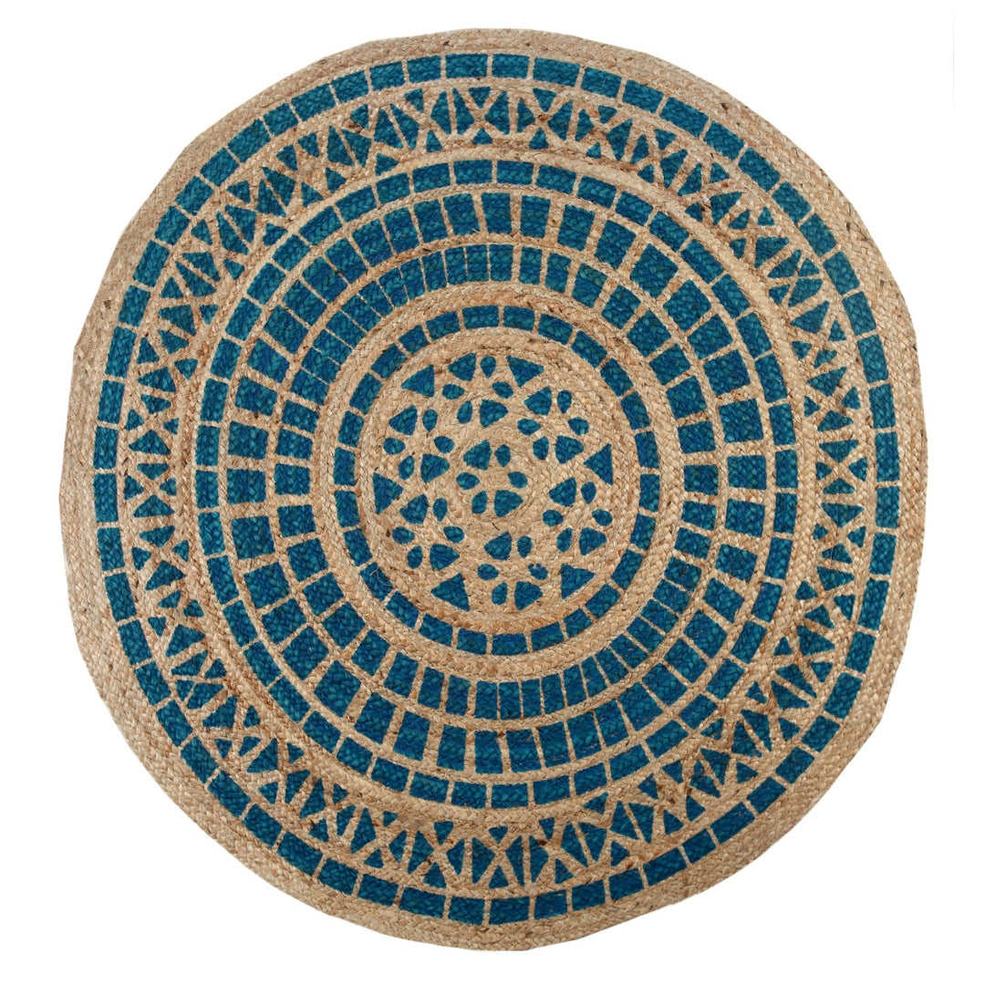 MANDALA Pattern Round Turquoise Rug Jute with Block Print