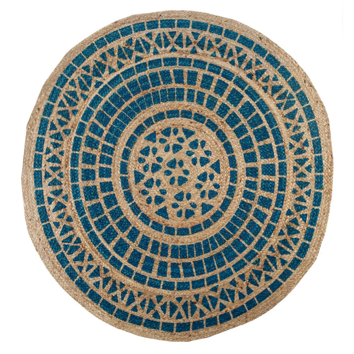 MANDALA Pattern Round Turquoise Rug Jute with Block Print