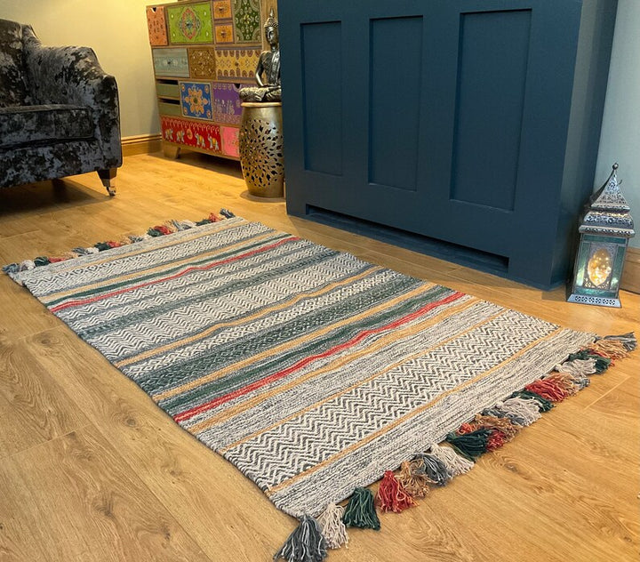 Multi Colour Cotton Geometric and Striped Rug With Multi Colour Tassels 90 cm x 150 cm