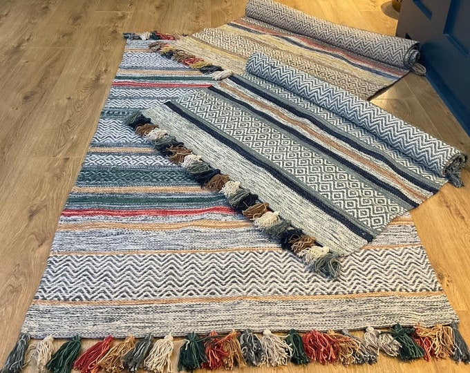 Multi Colour Cotton Geometric and Striped Rug With Multi Colour Tassels 90 cm x 150 cm