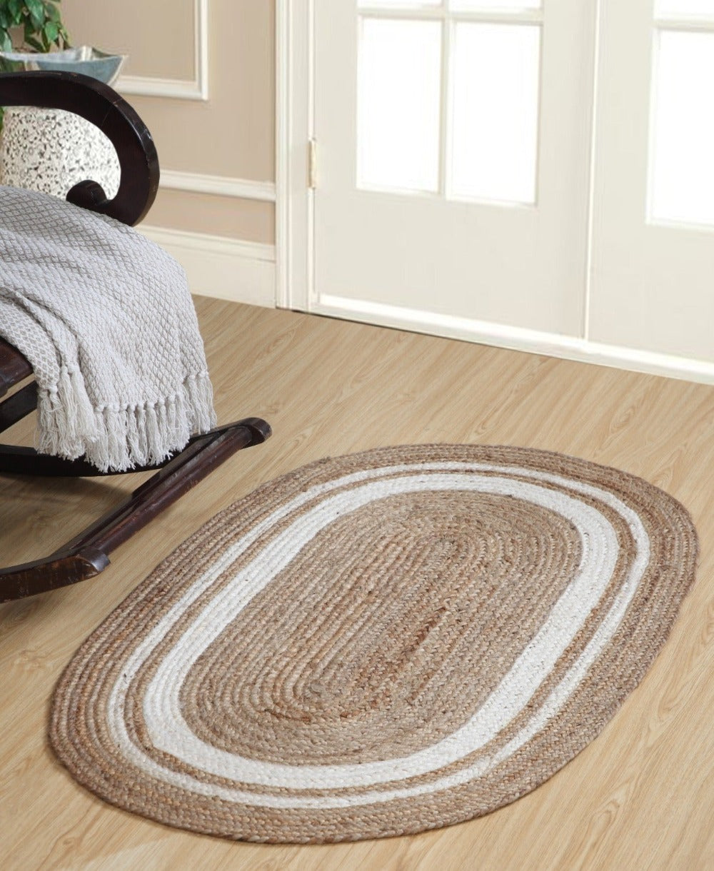 Natural Rug Khidakee Border Stripe Oval Braided Jute - Second Nature Online