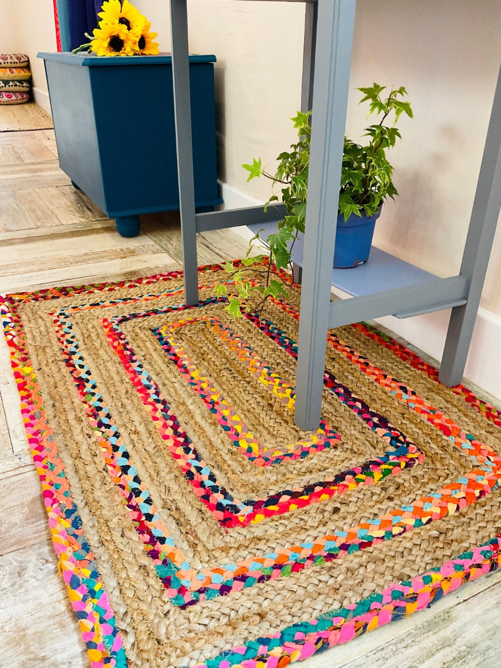 Natural Jute and Recycled Rainbow Fabric Rug