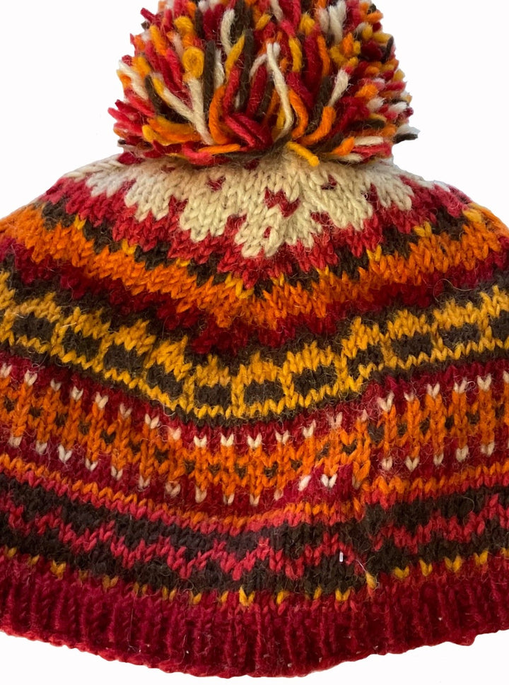 Hand Made Warm Cosy Multi Coloured Orange New Zealand Wool Bobble Hat with Fleece Inner Lining