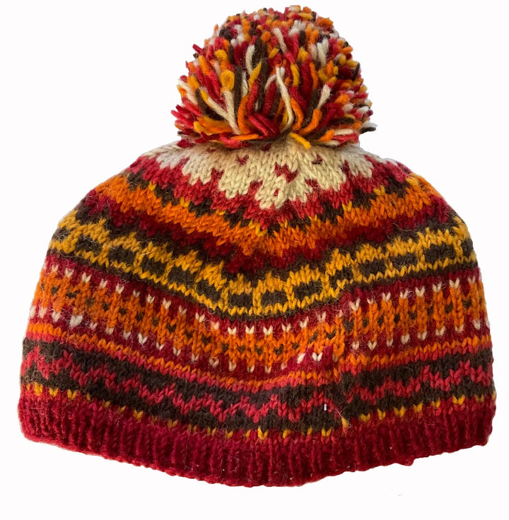 Hand Made Warm Cosy Multi Coloured Orange New Zealand Wool Bobble Hat with Fleece Inner Lining