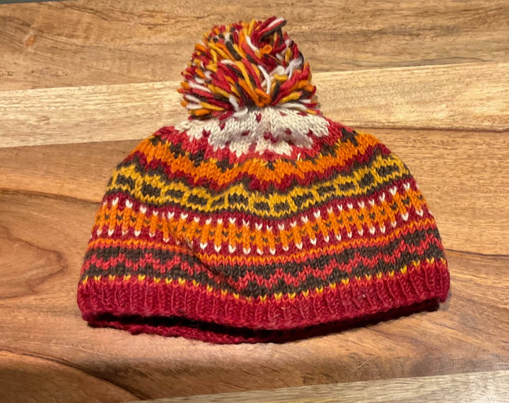 Hand Made Warm Cosy Multi Coloured Orange New Zealand Wool Bobble Hat with Fleece Inner Lining