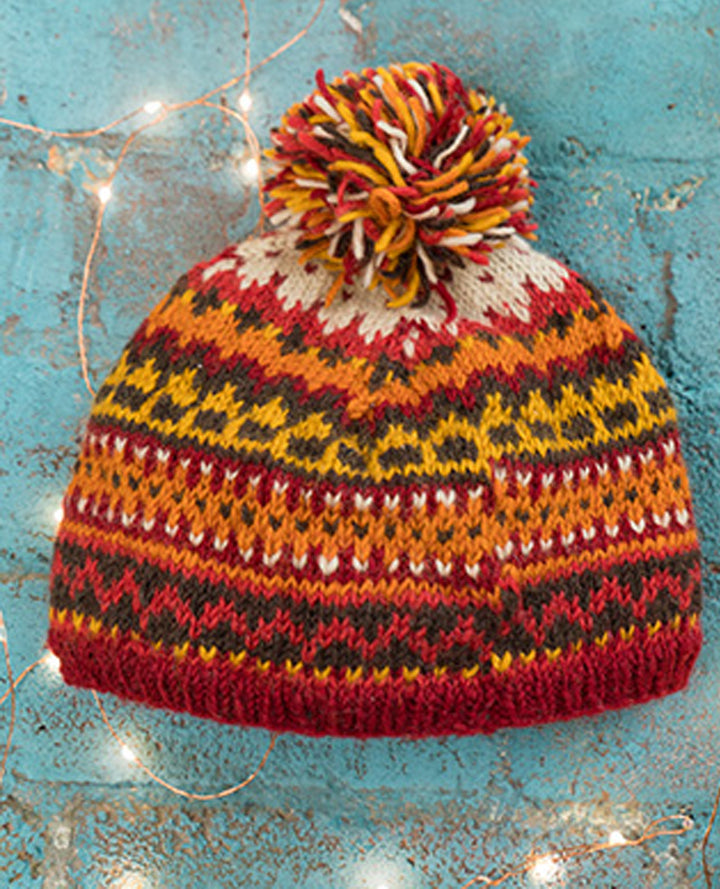 Hand Made Warm Cosy Multi Coloured Orange New Zealand Wool Bobble Hat with Fleece Inner Lining