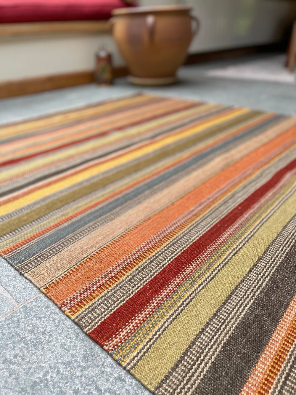 Striped Kilim Area Rug With, Green, Orange, Brown and Reds.
