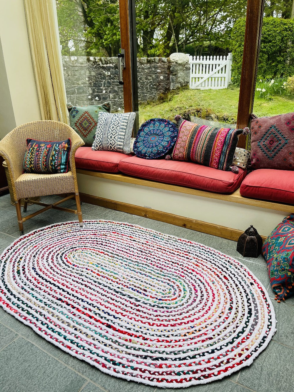 Oval Striped White Rainbow Rug