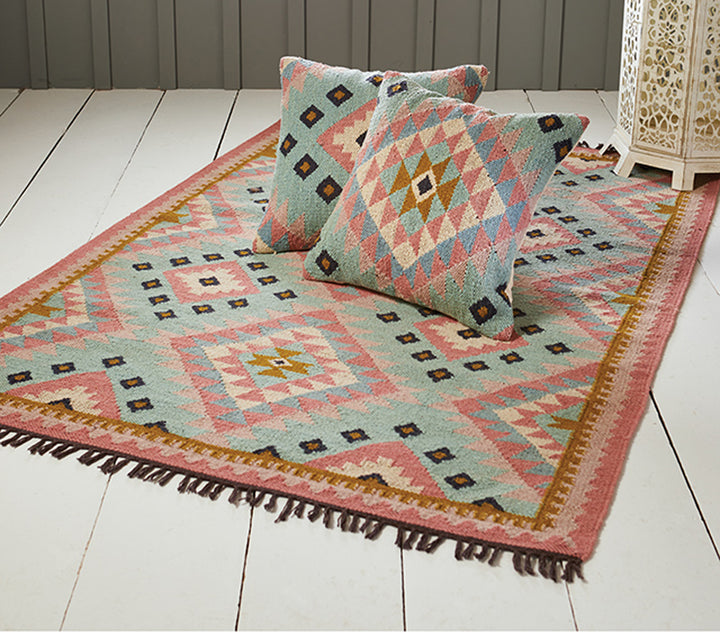 Pink Grey and Blue Pastel Geometric Wool Kilim Various Sizes Available