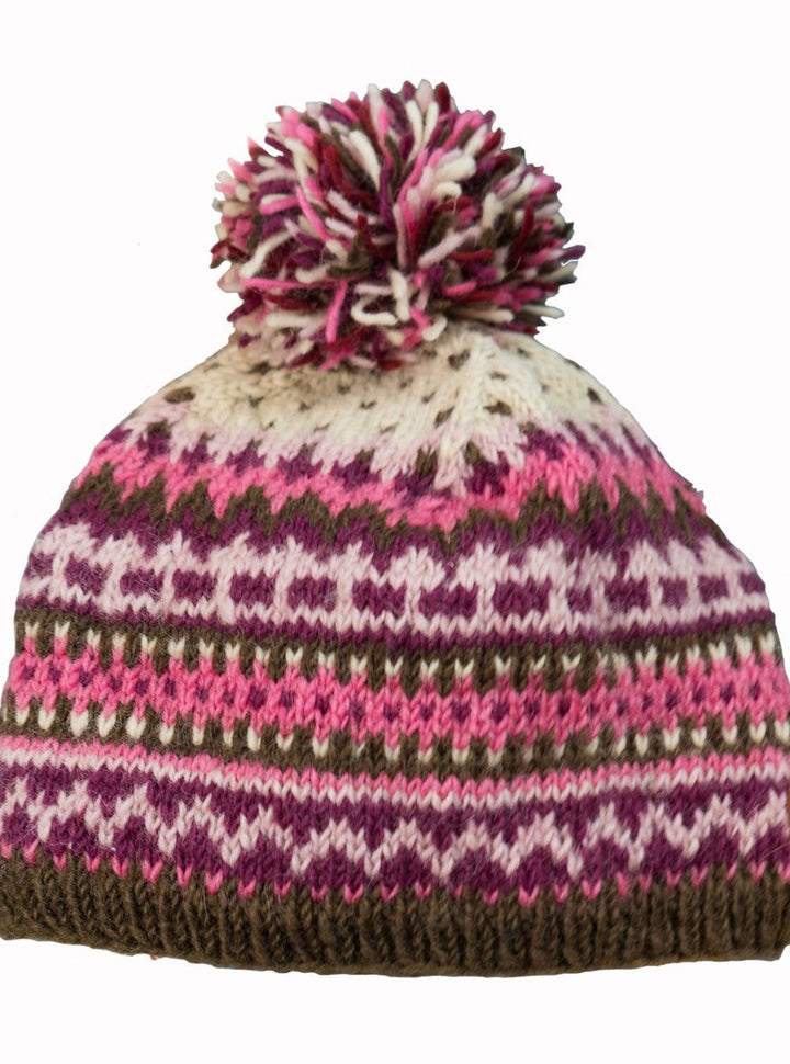 Hand Made Warm Cosy Multi Coloured Pink Purple Plum New Zealand Wool Bobble Hat with Fleece Inner Lining