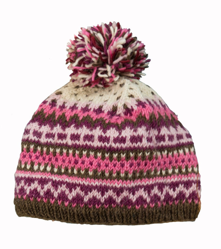 Hand Made Warm Cosy Multi Coloured Pink Purple Plum New Zealand Wool Bobble Hat with Fleece Inner Lining