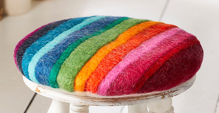 Hand Crafted 100% Wool Felt Round Rainbow Pre Filled Cushion 35 cm x 35 cm x 3 cm