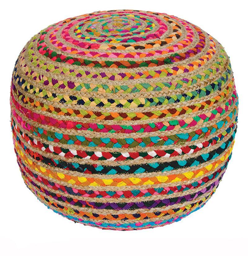 Round Pouffe Ball with Braided Indian Jute and Recycled Fabric - Second Nature Online