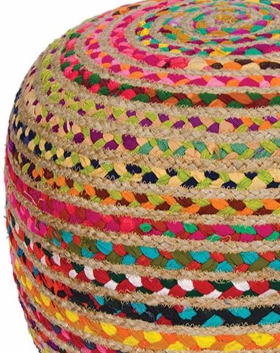 Rainbow Pouffe Footstool with Jute and Cotton Striped Design