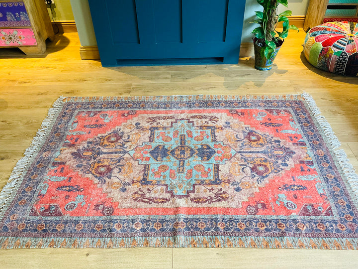 Natural Cotton Digital Print Rug Ethnic Indian Design Red Blue 120 cm x 180 cm