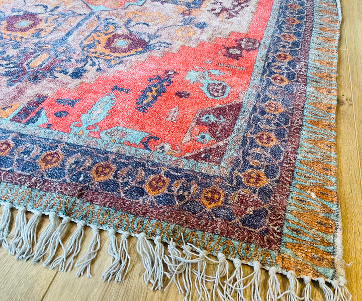 Natural Cotton Digital Print Rug Ethnic Indian Design Red Blue 120 cm x 180 cm