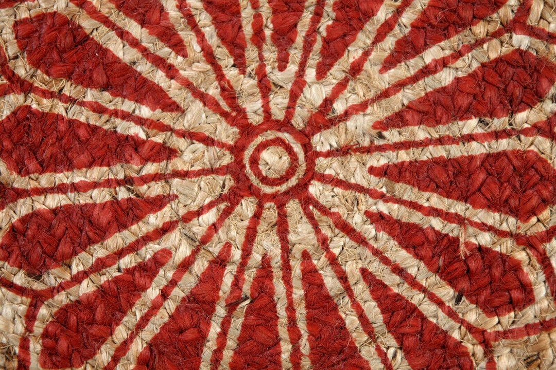 MANDALA Pattern Round Red Rug Jute with Block Print