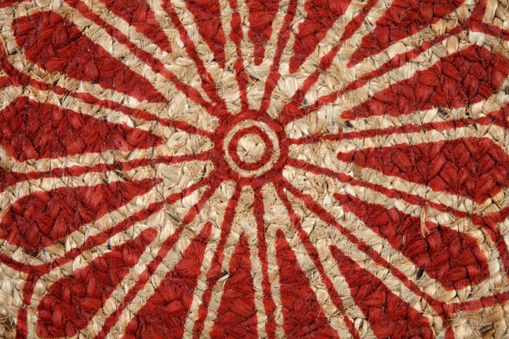MANDALA Pattern Round Red Rug Jute with Block Print
