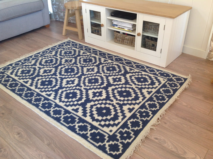Blue Indigo Cream Geometric Kilim Wool Cotton Rug 2 Sizes Available