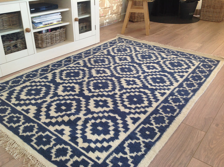 Blue Indigo Cream Geometric Kilim Wool Cotton Rug 2 Sizes Available