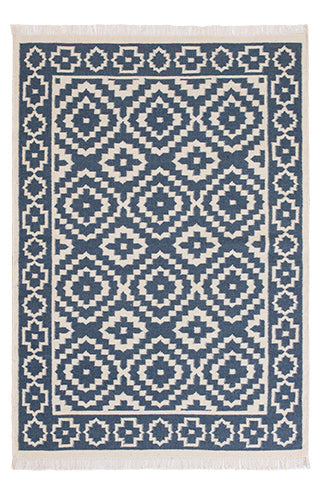 Blue Indigo Cream Geometric Kilim Wool Cotton Rug 2 Sizes Available