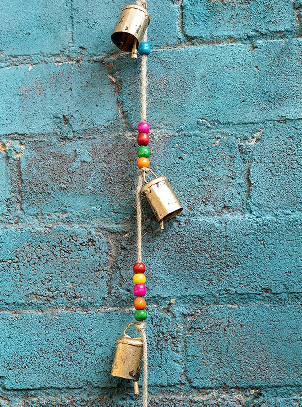 Multi Colour Rainbow Beaded String Hanging With Bells 84 cm Long