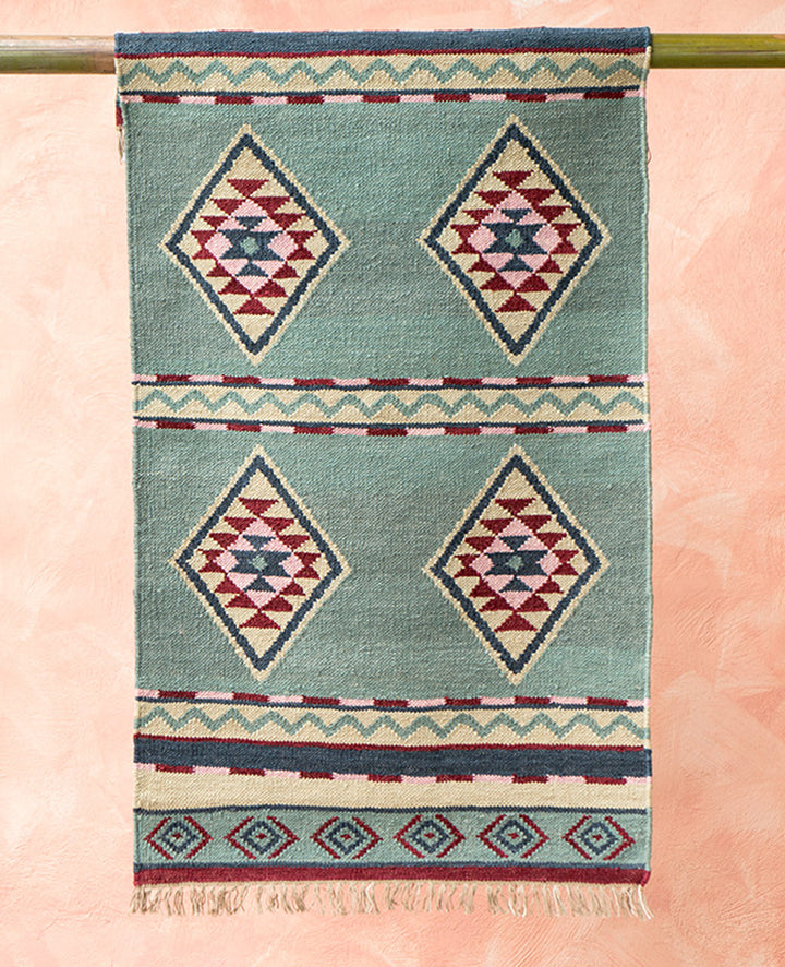 Hand Woven Multi Colour Diamond Geometric Wool and Cotton Kilim Rug 75 cm x 135 cm