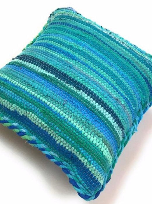 Turquoise Braided Rag Rug Cushion Cover