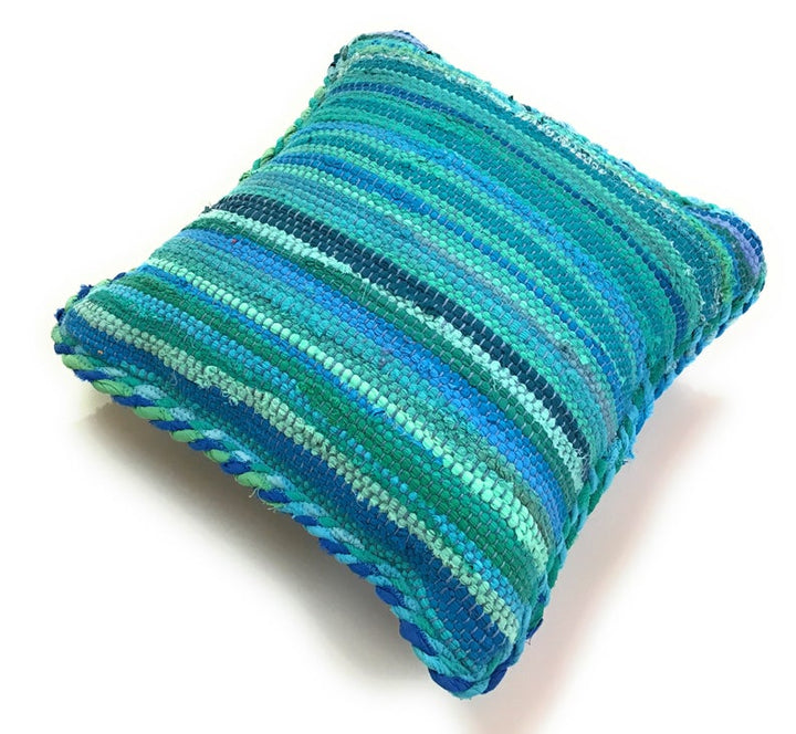 Turquoise Braided Rag Rug Cushion Cover