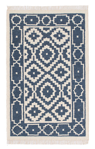 Blue Indigo Cream Geometric Kilim Wool Cotton Rug 2 Sizes Available