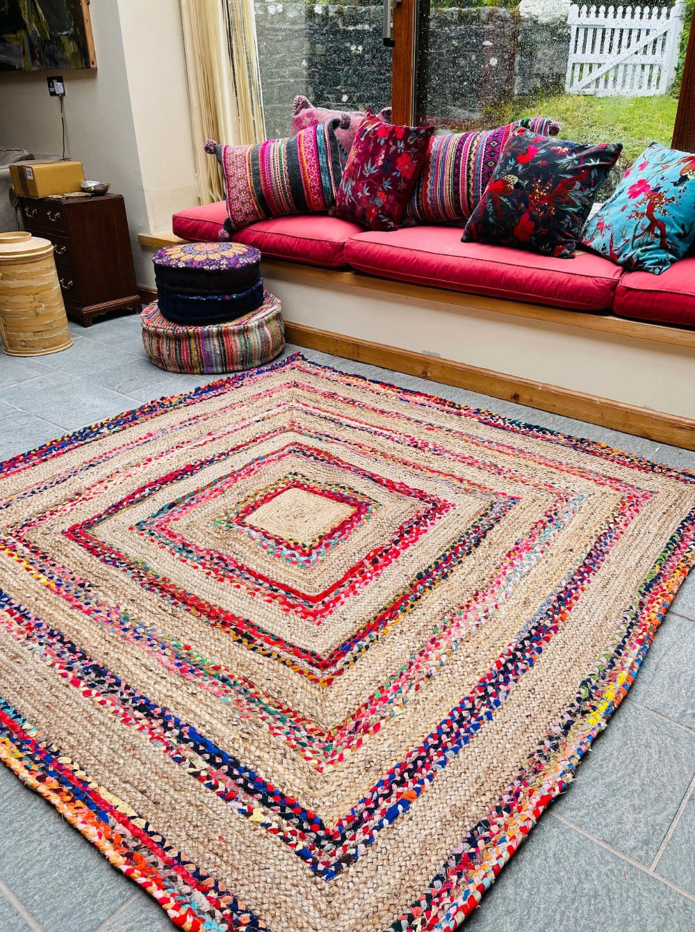 Square Jute and Cotton Rainbow Border Rug - Second Nature Online