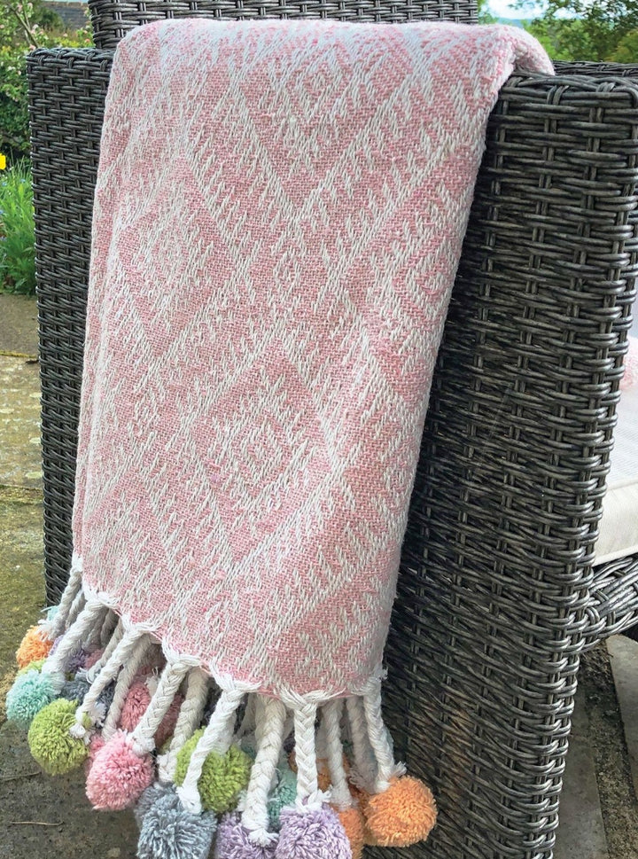 Rose Pink Recycled Cotton Throw with Multi Colour Pom Poms