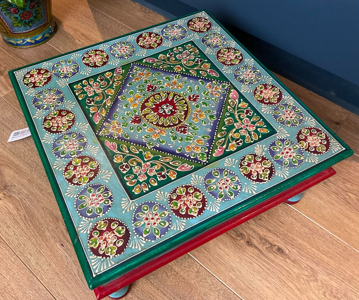 Hand Painted Turquoise Wooden Bajot Coffee Side Table
