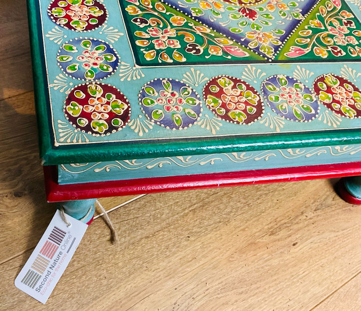 Hand Painted Turquoise Wooden Bajot Coffee Side Table