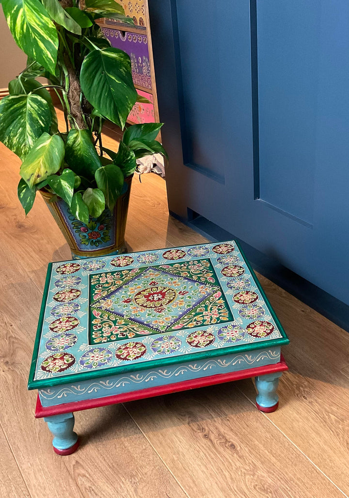 Hand Painted Turquoise Wooden Bajot Coffee Side Table