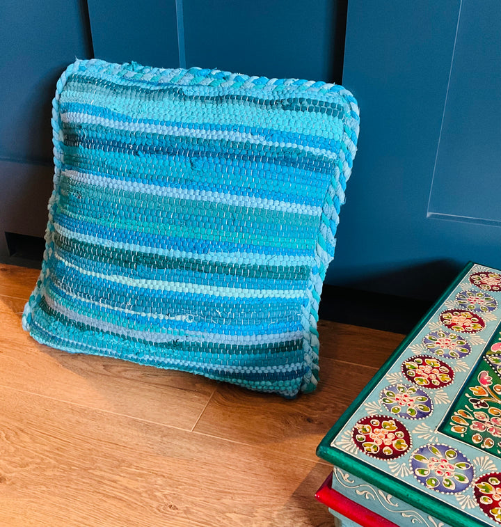 Turquoise Braided Rag Rug Cushion Cover