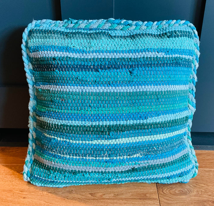 Turquoise Braided Rag Rug Cushion Cover
