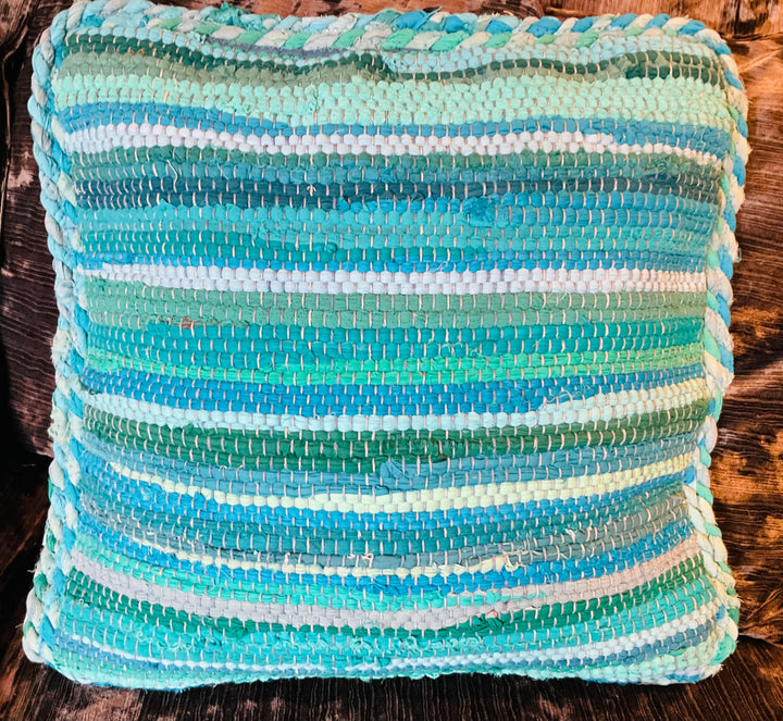 Turquoise Braided Rag Rug Cushion Cover