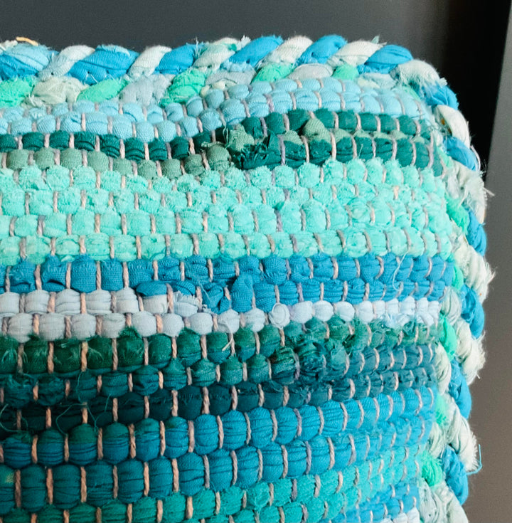 Turquoise Braided Rag Rug Cushion Cover