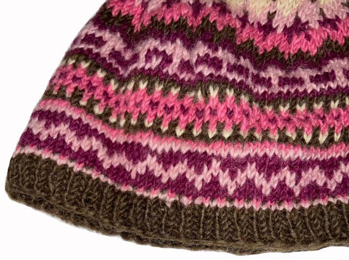Hand Made Warm Cosy Multi Coloured Pink Purple Plum New Zealand Wool Bobble Hat with Fleece Inner Lining