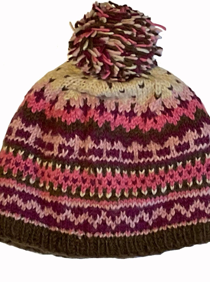 Hand Made Warm Cosy Multi Coloured Pink Purple Plum New Zealand Wool Bobble Hat with Fleece Inner Lining