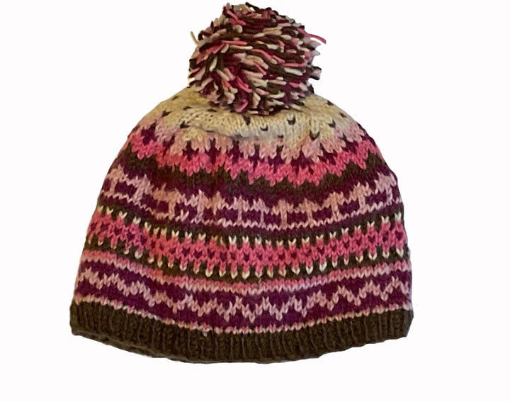 Hand Made Warm Cosy Multi Coloured Pink Purple Plum New Zealand Wool Bobble Hat with Fleece Inner Lining