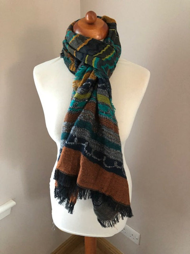 Handmade Multi Colour Grey Green Blue Orange Striped Wool Cotton and Acrylic Scarf With Frayed Edges