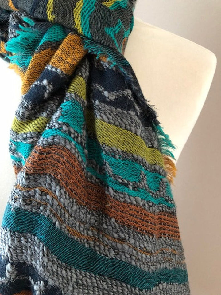 Handmade Multi Colour Grey Green Blue Orange Striped Wool Cotton and Acrylic Scarf With Frayed Edges