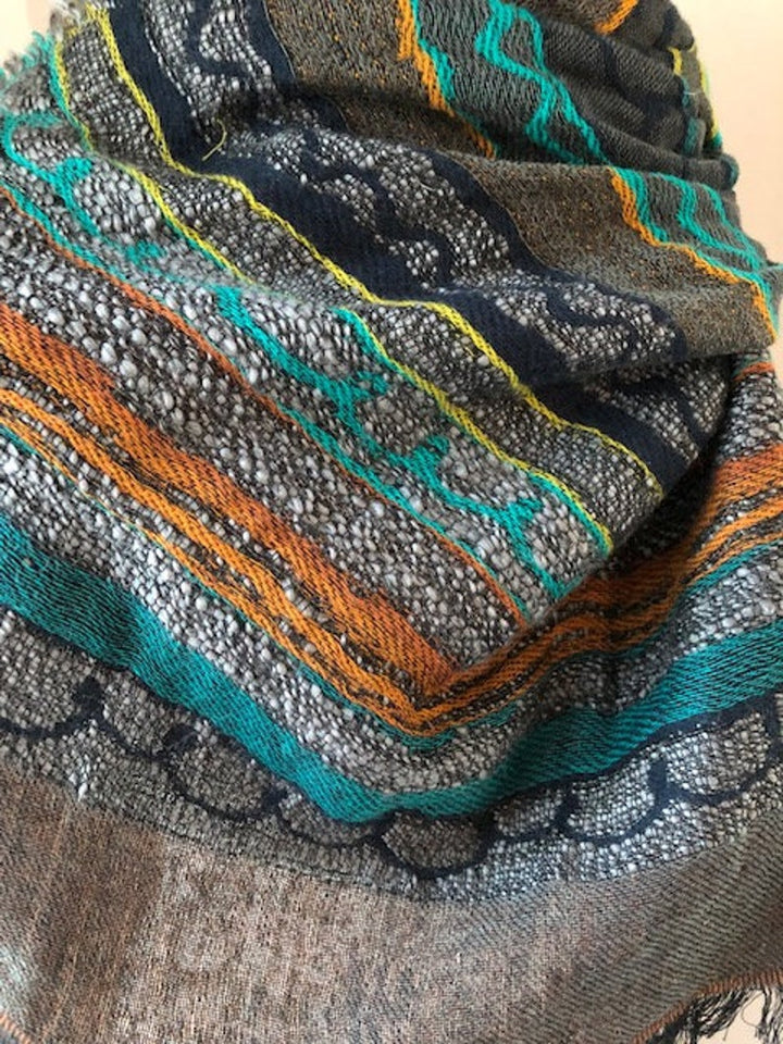 Handmade Multi Colour Grey Green Blue Orange Striped Wool Cotton and Acrylic Scarf With Frayed Edges