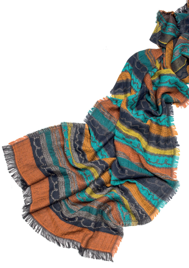 Handmade Multi Colour Grey Green Blue Orange Striped Wool Cotton and Acrylic Scarf With Frayed Edges