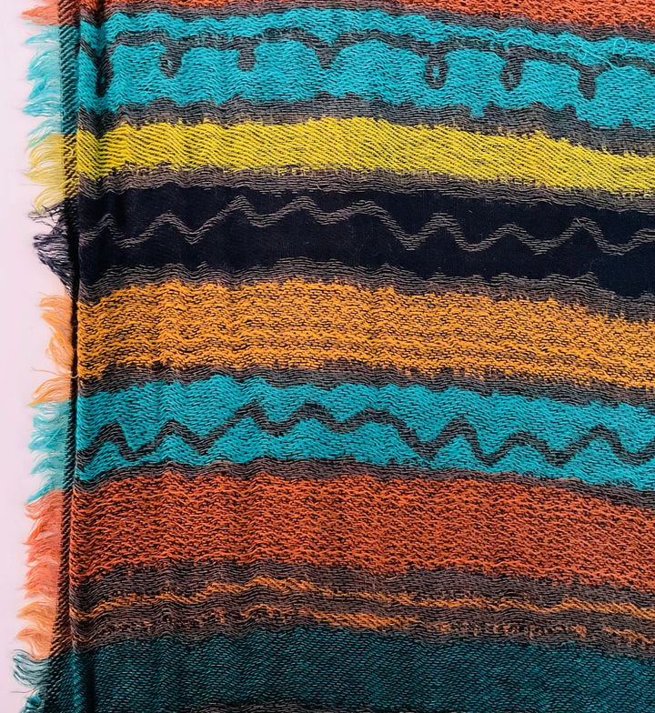 Handmade Multi Colour Grey Green Blue Orange Striped Wool Cotton and Acrylic Scarf With Frayed Edges
