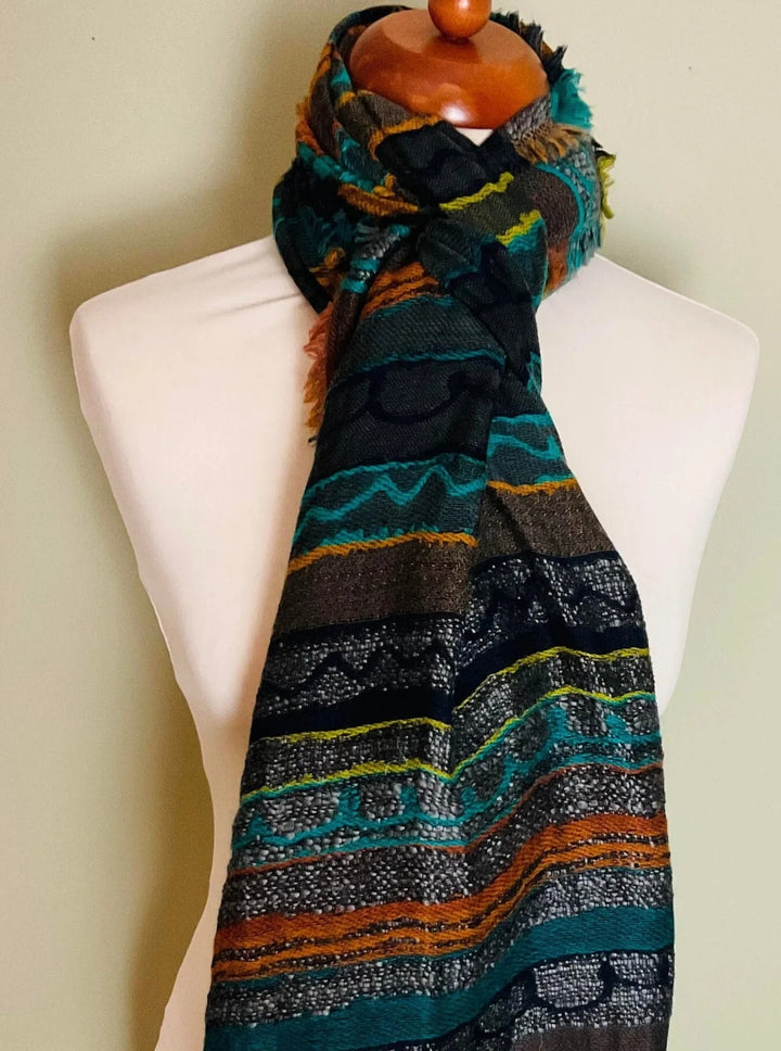 Handmade Multi Colour Grey Green Blue Orange Striped Wool Cotton and Acrylic Scarf With Frayed Edges